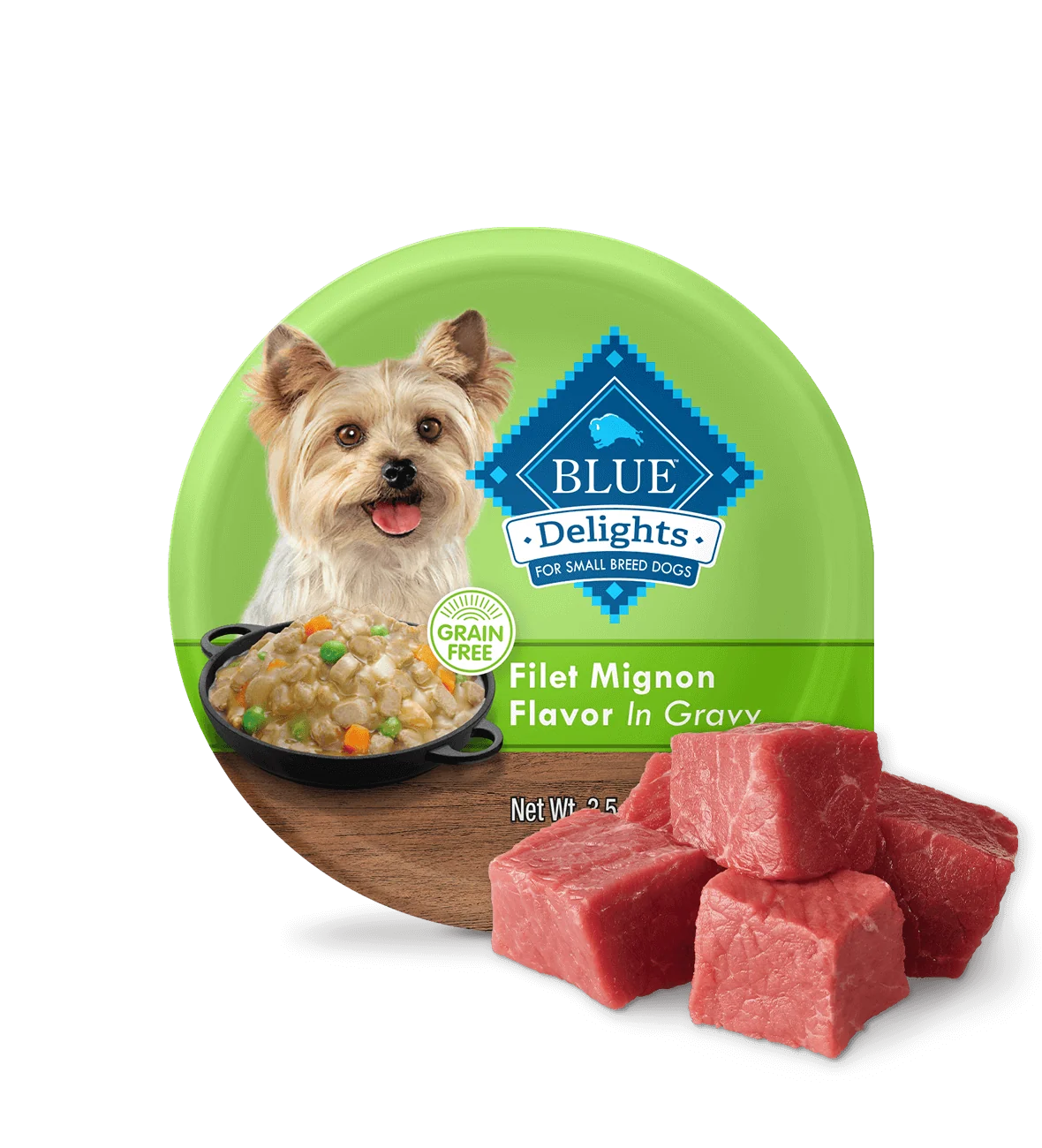 3.5oz tray of Blue Buffalo Delights Filet Mignon small breed wet dog food
