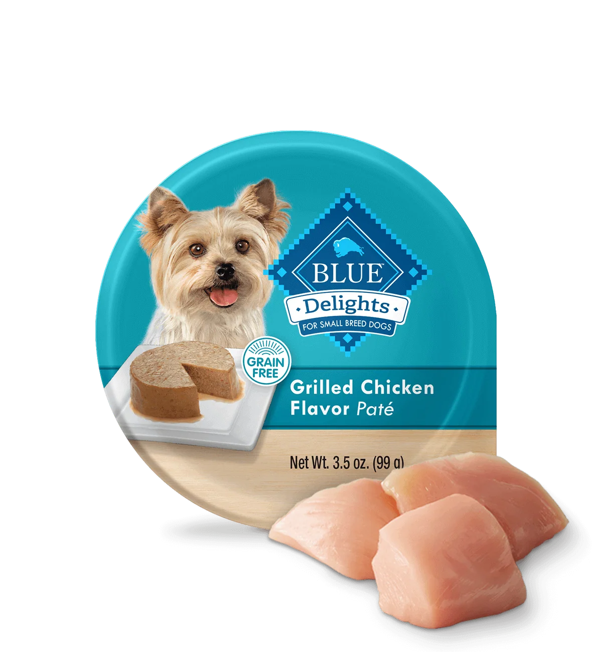 3.5oz tray of Blue Buffalo Delights Grilled Chicken small breed wet dog food