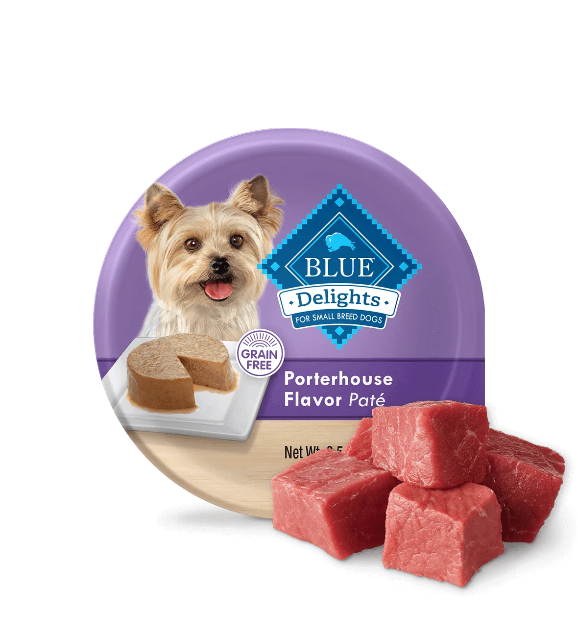 3.5oz tray of Blue Buffalo Delights Porterhouse small breed wet dog food