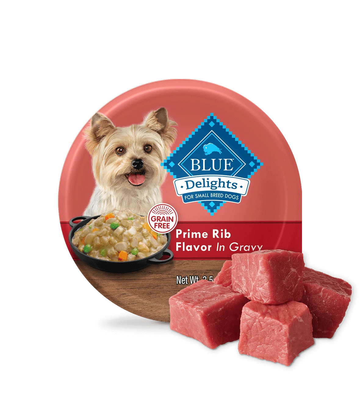 3.5oz tray of Blue Buffalo Delights Prime Rib small breed wet dog food