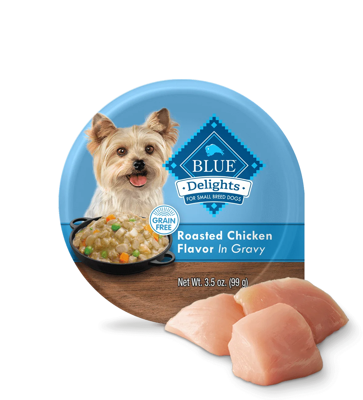 3.5oz tray of Blue Buffalo Delights Rotisserie Chicken small breed wet dog food