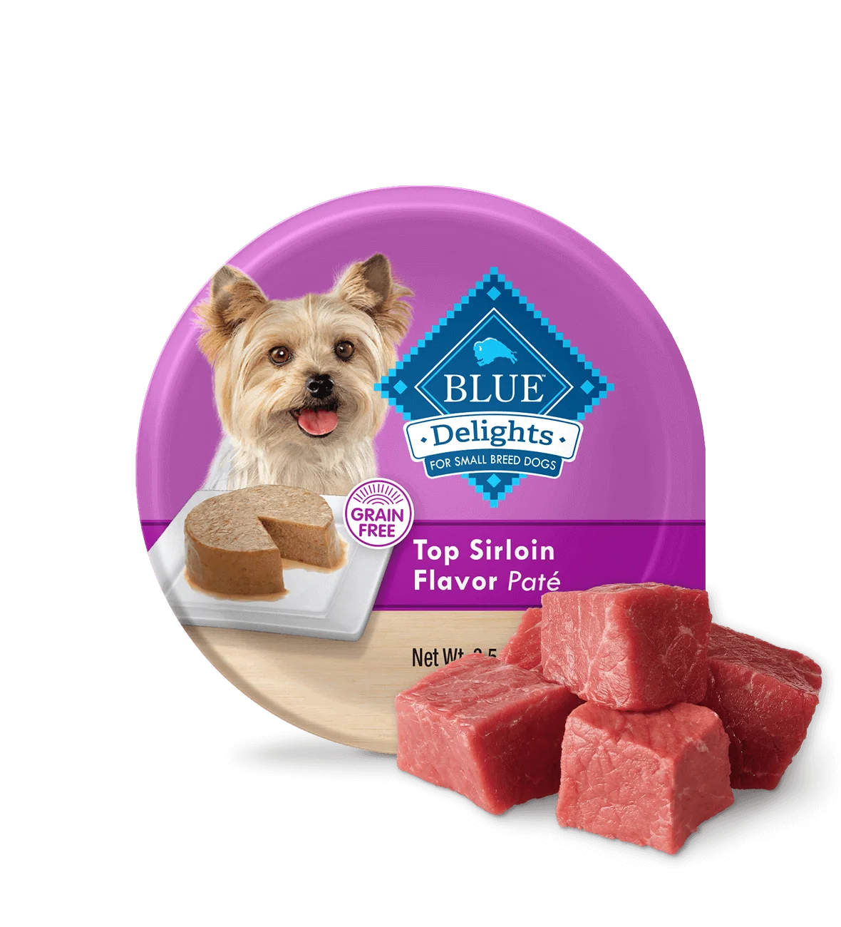 3.5oz tray of Blue Buffalo Delights Top Sirloin small breed wet dog food