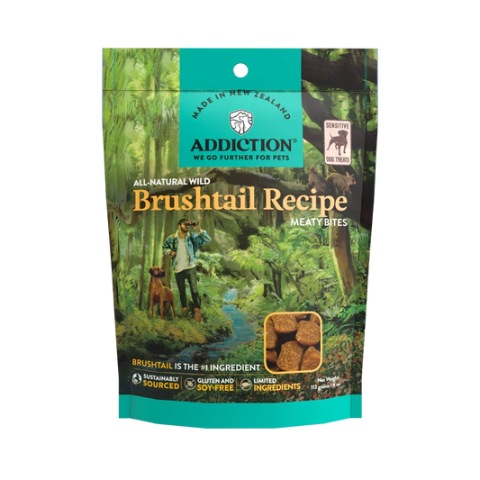 Brushtail Meaty Bites single-protein dog treats package, Addiction Pet Foods USA, sold through Sniff and Shift