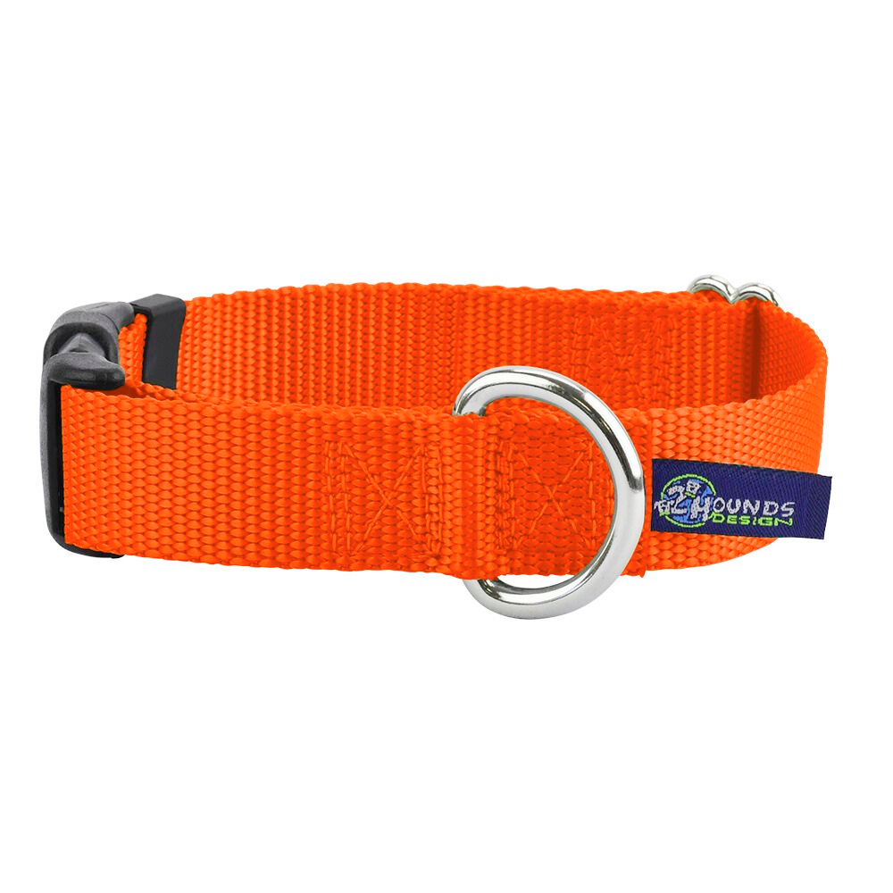 Neon Orange Nylon Dog Collar 5/8″ and 1″ by 2 Hounds Design, sold through Sniff and Shift