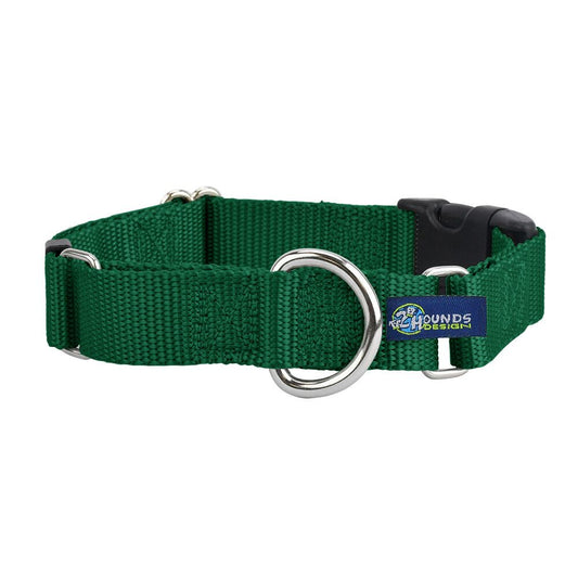 Kelly Green Nylon Buckle Martingale Dog Collar 5/8″ and 1″ by 2 Hounds Design, sold through Sniff and Shift