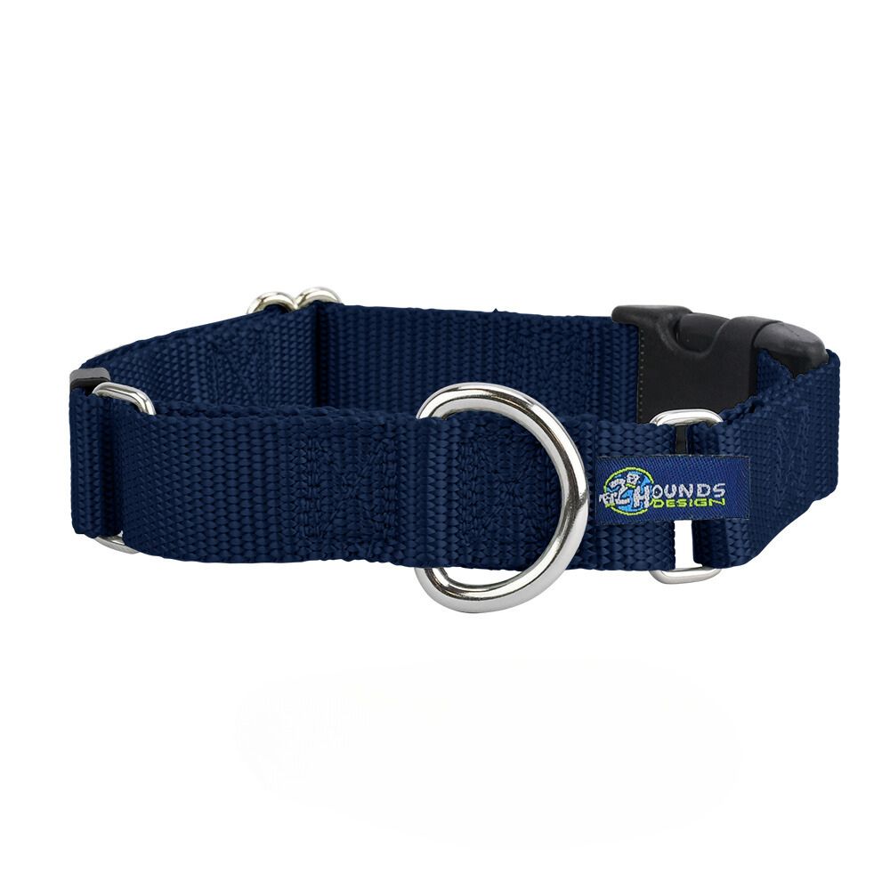 Navy Blue Nylon Buckle Martingale Dog Collar 5/8″ and 1″ by 2 Hounds Design, sold through Sniff and Shift
