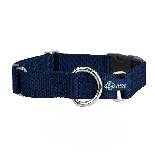 Navy Blue Nylon Buckle Martingale Dog Collar 5/8″ and 1″ by 2 Hounds Design, sold through Sniff and Shift