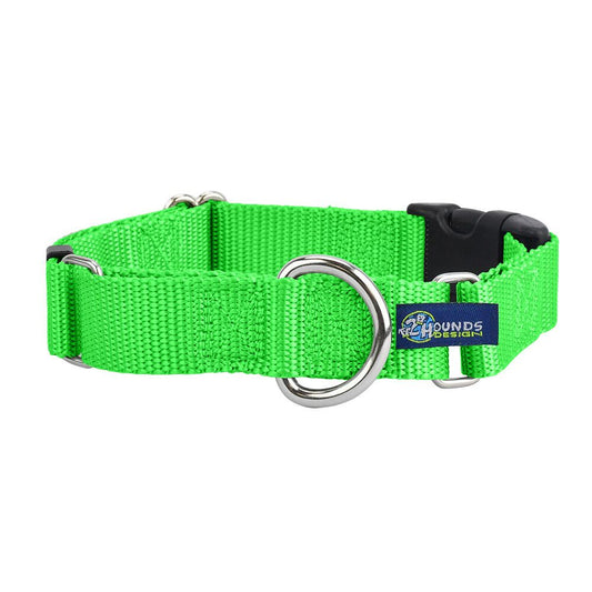 Neon Green Nylon Buckle Martingale Dog Collar 5/8″ and 1″ by 2 Hounds Design, sold through Sniff and Shift