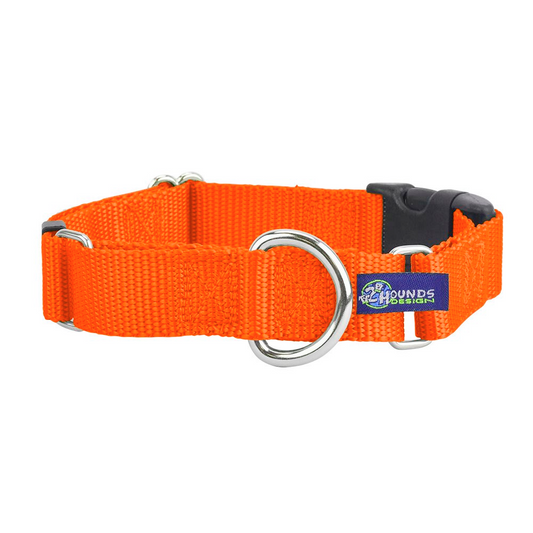 Neon Orange Nylon Buckle Martingale Dog Collar 5/8″ and 1″ by 2 Hounds Design, sold through Sniff and Shift