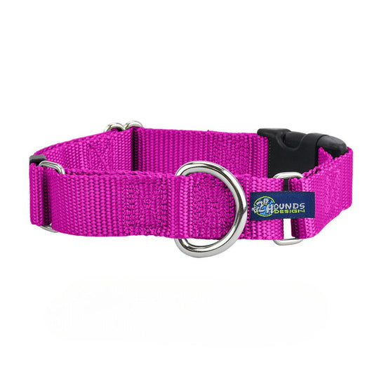 Raspberry Nylon Buckle Martingale Dog Collar 5/8″ and 1″ by 2 Hounds Design, sold through Sniff and Shift
