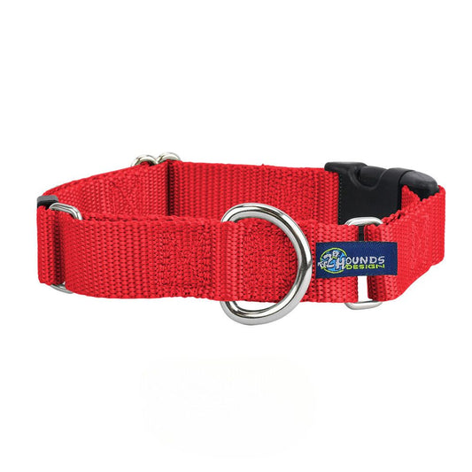Red Nylon Buckle Martingale Dog Collar 5/8″ and 1″ by 2 Hounds Design, sold through Sniff and Shift