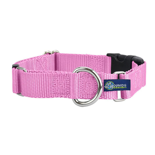 Rose Pink Nylon Buckle Martingale Dog Collar 5/8″ and 1″ by 2 Hounds Design, sold through Sniff and Shift