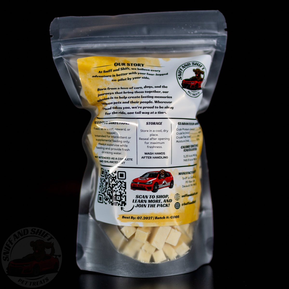 Cheddar Cheese Bites — back of bag with ingredients, feeding directions and guaranteed analysis