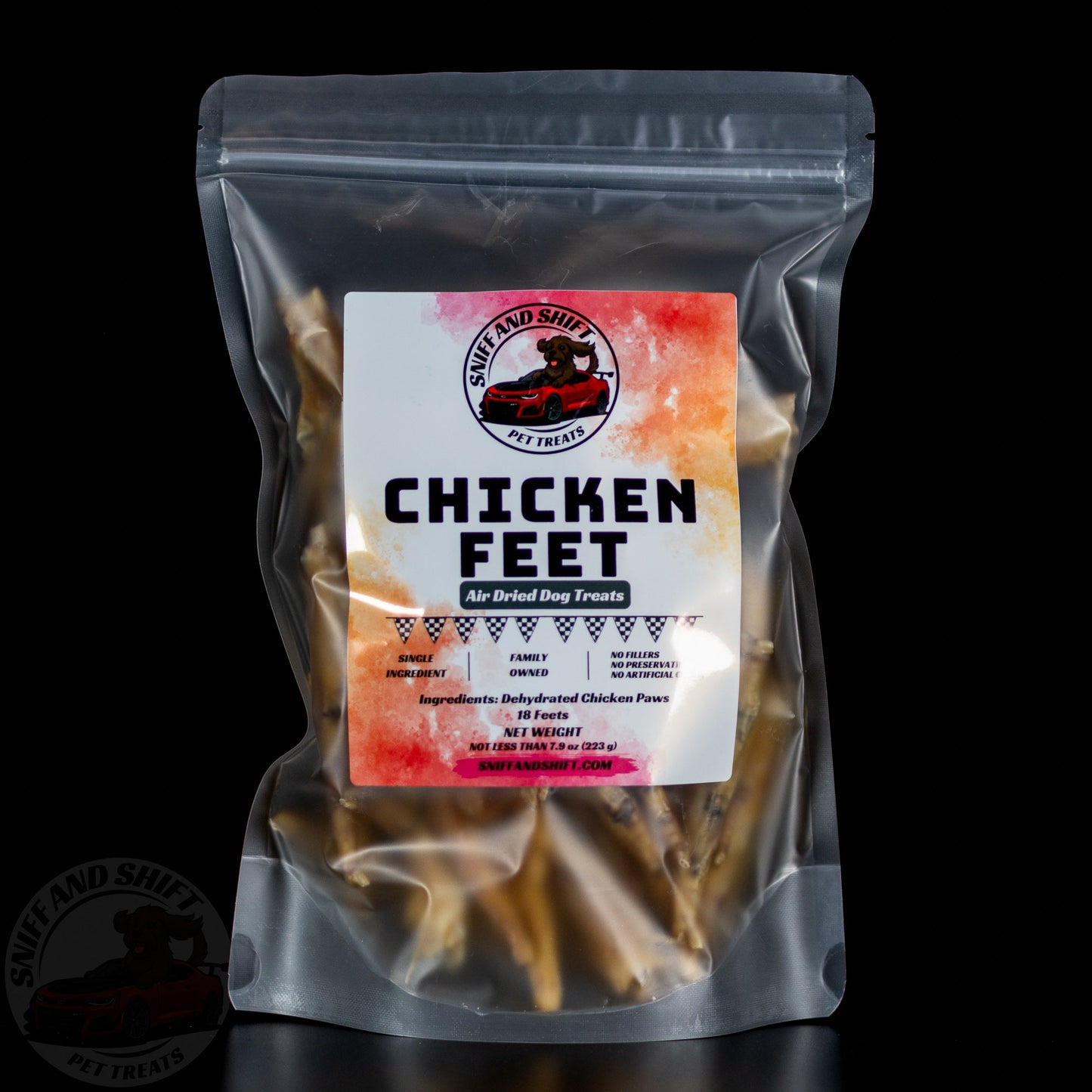Air-Dried Chicken Feet dog chews — front of bag | Sniff and Shift natural dental treats
