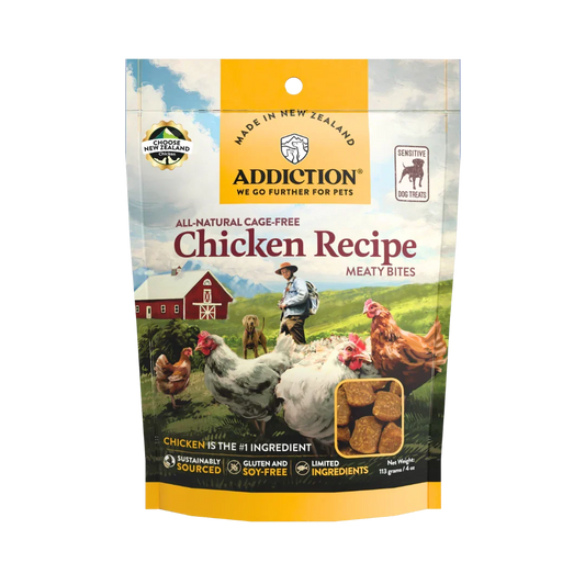 Chicken Meaty Bites dog treats pack, Addiction Pet Foods USA, sold through Sniff and Shift