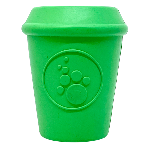 Green Coffee Cup rubber chew toy and treat dispenser, SodaPup, sold through Sniff and Shift