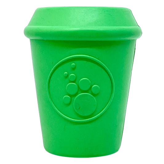 Green Coffee Cup rubber chew toy and treat dispenser, SodaPup, sold through Sniff and Shift