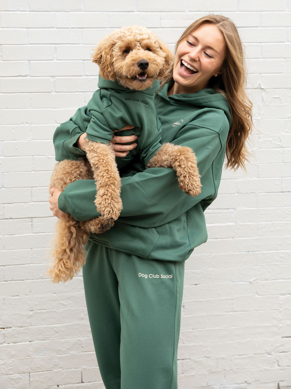 Dog wearing the Jade Fleece Hoodie in heavyweight fleece, Good Thomas, sold through Sniff and Shift