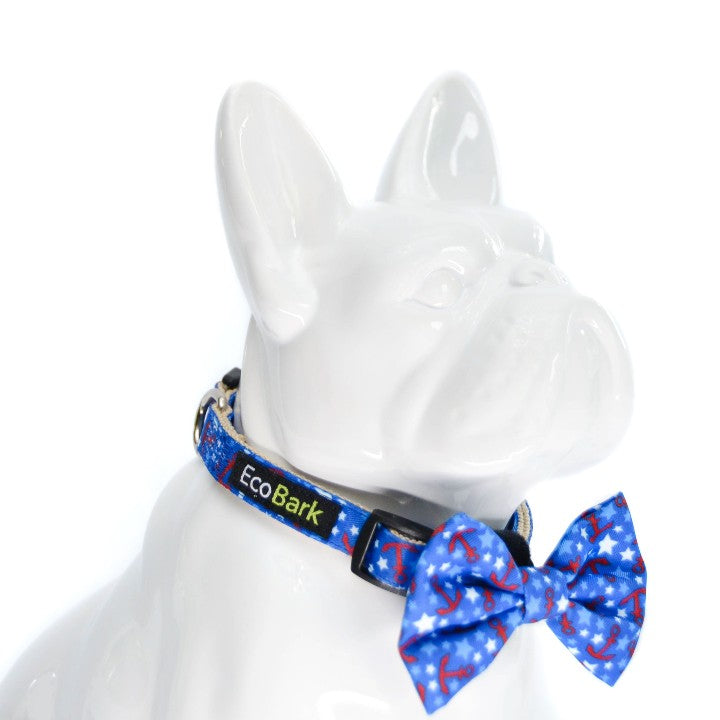 Nautical Bow Tie Dog Collar, 8 to 24 in, EcoBark Pet Supplies, sold through Sniff and Shift