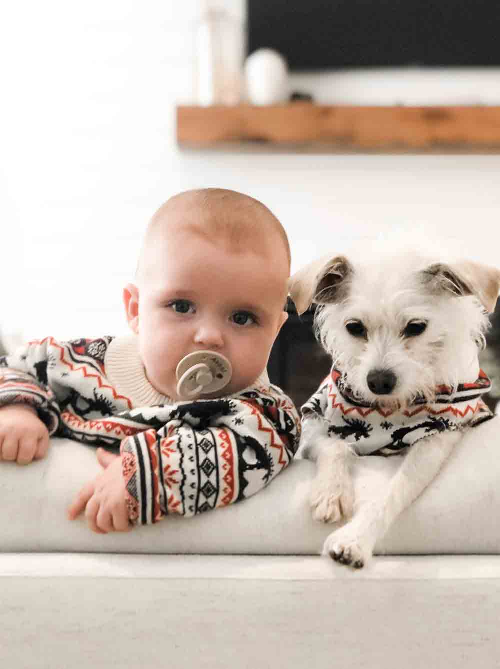 Dog and kid matching in the Great Yukon Sweater alpine lodge knit, Good Thomas, sold through Sniff and Shift