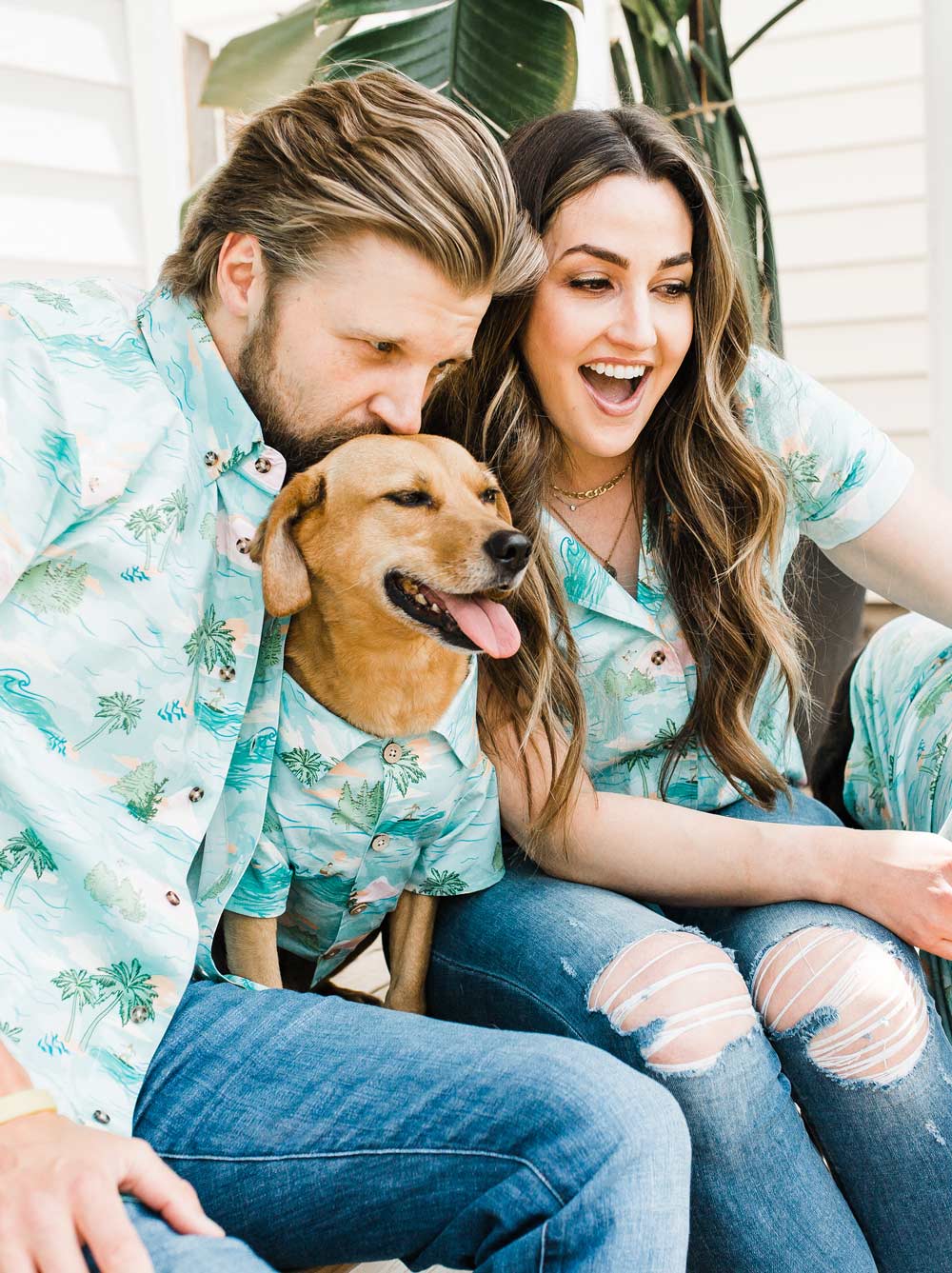 Dog and owner both in the Adventure Awaits BBQ Shirt surf print, Good Thomas, sold through Sniff and Shift