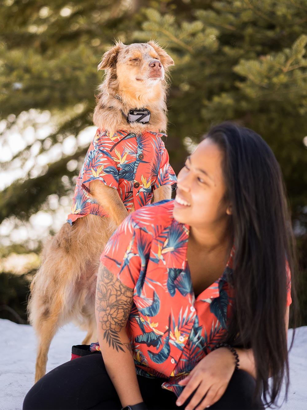 Dog and owner both in the Jungle Bird BBQ Shirt tropical print, Good Thomas, sold through Sniff and Shift