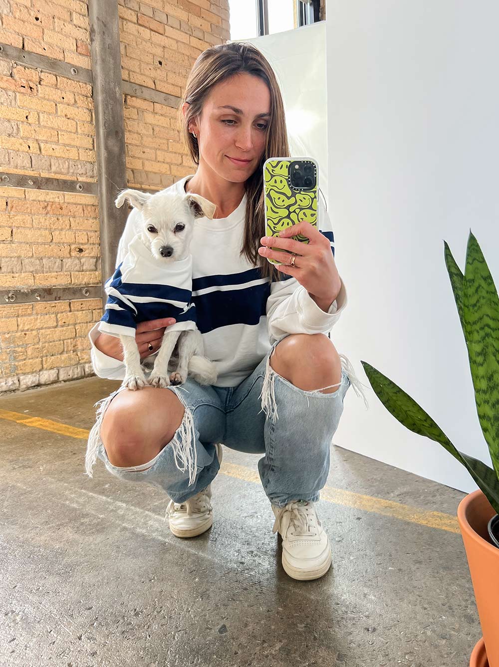 A dog wearing the striped Newport Pullover sweatshirt in French terry, Good Thomas, sold through Sniff and Shift