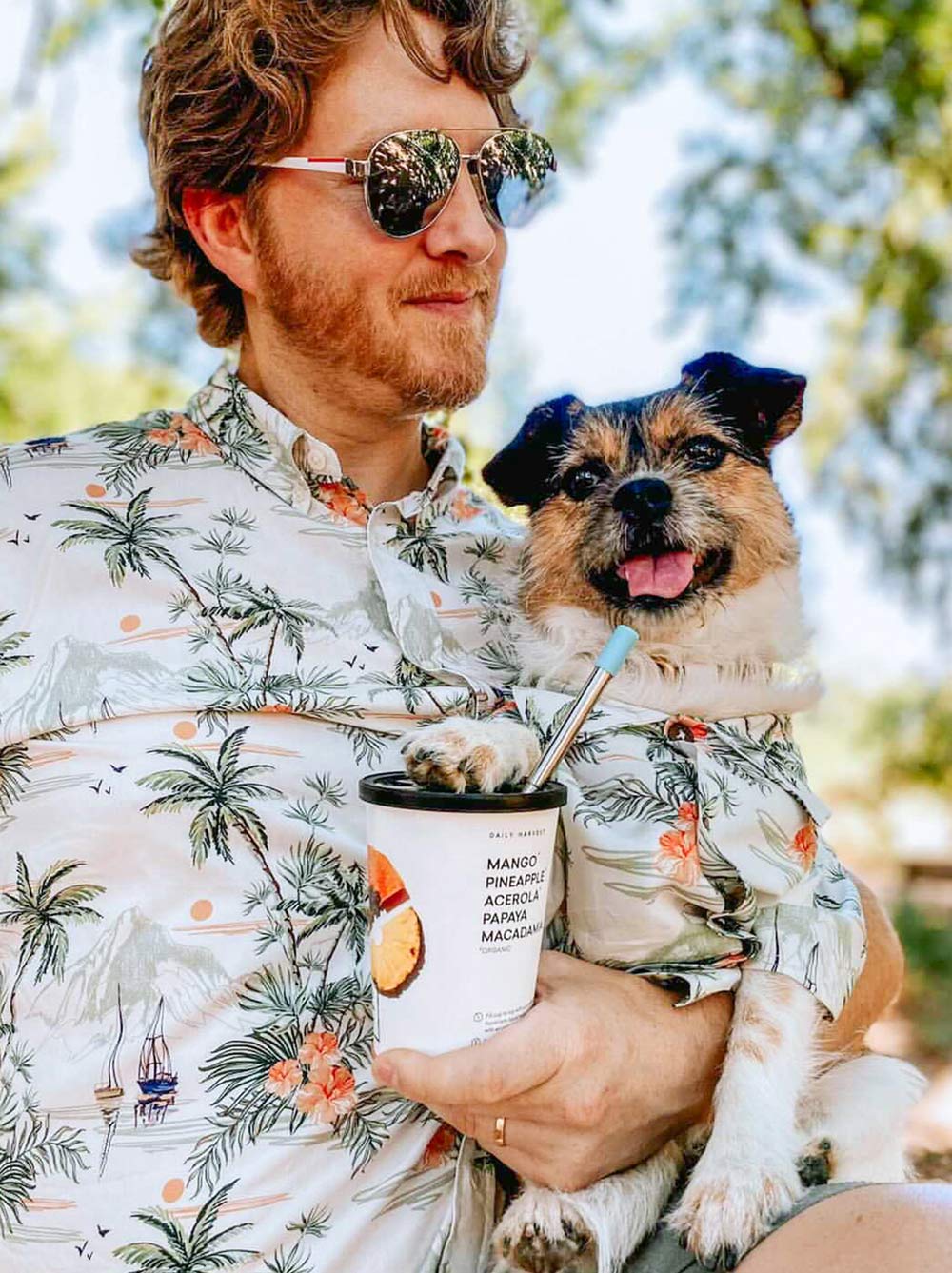 Dog and child matching in the Sail Away BBQ Shirt tropical print, Good Thomas, sold through Sniff and Shift