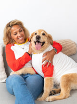 Dog and owner in matching Sandlot Baseball Tees, Good Thomas, sold through Sniff and Shift