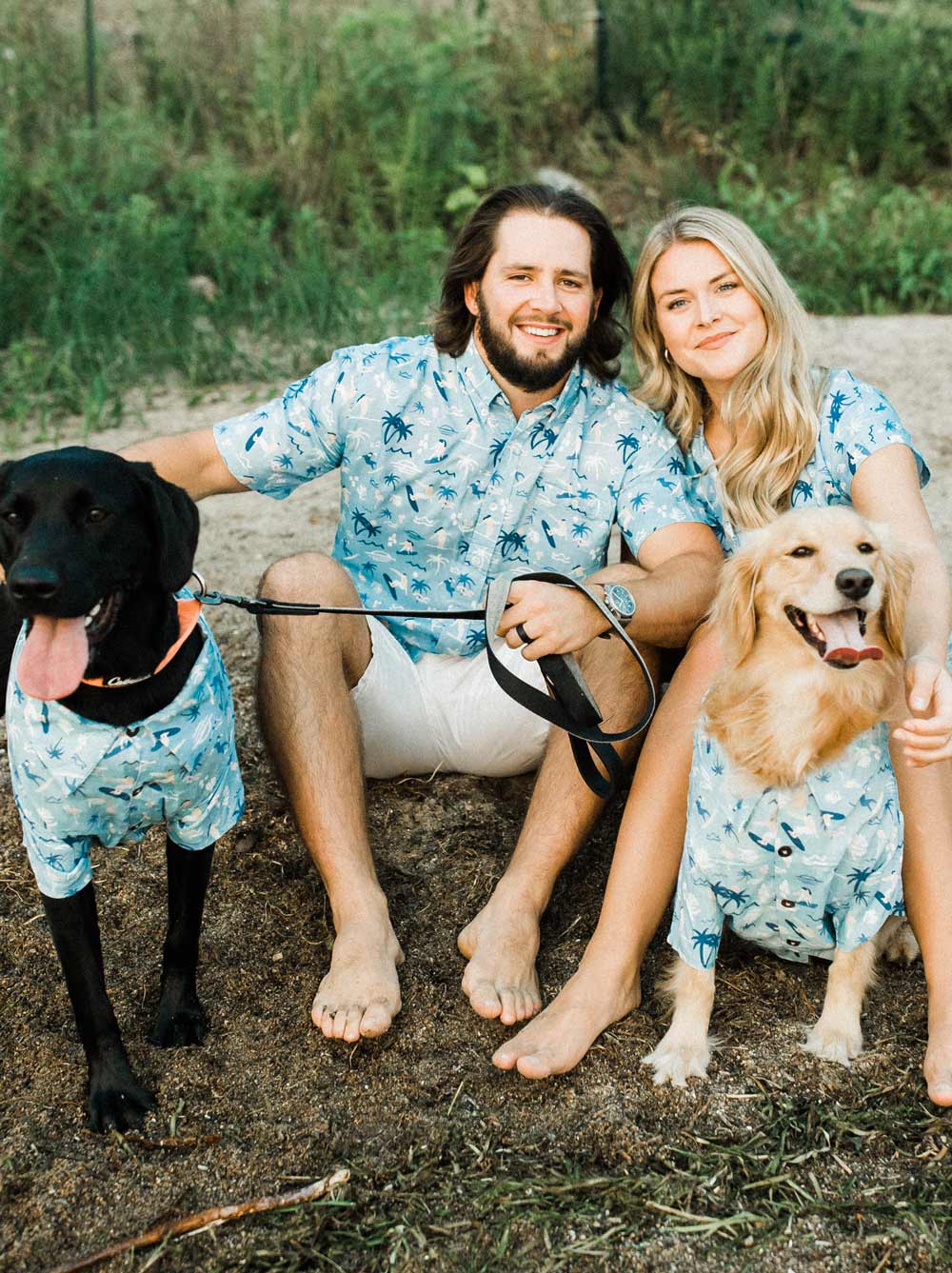 Dog and owner both in the Surfs Up BBQ Shirt tropical print, Good Thomas, sold through Sniff and Shift