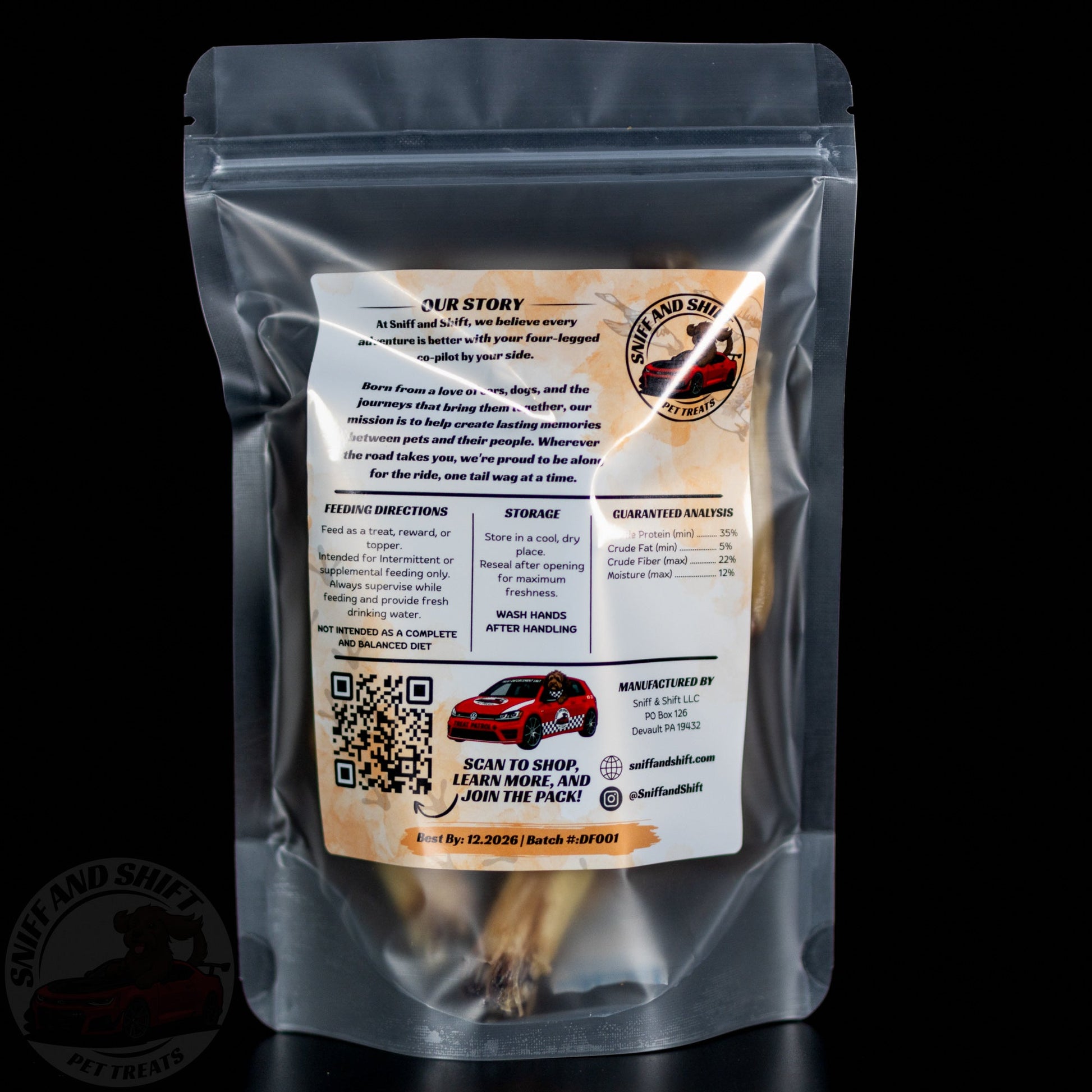 Air-Dried Duck Feet — back of bag with ingredients, feeding directions and guaranteed analysis
