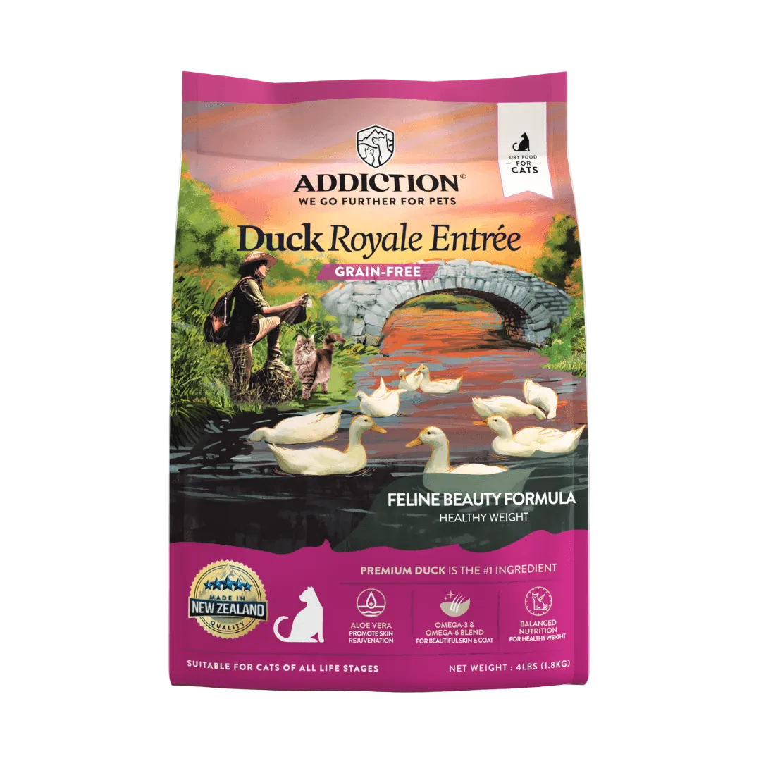 Duck Royale duck dry cat food bag, Addiction Pet Foods USA, sold through Sniff and Shift