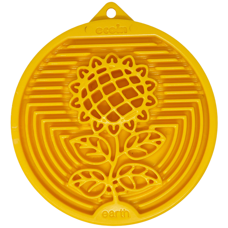 Earth eCoin Nylon Lick Mat in a yellow sunflower design, SodaPup, sold through Sniff and Shift