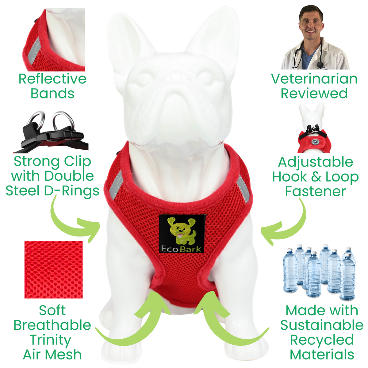 Red Step-In Dog Harness, Reflective Mesh, Teacup to XL
