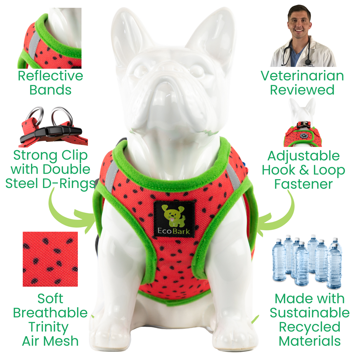 Watermelon Step-In Dog Harness, Reflective Mesh, Teacup to XL