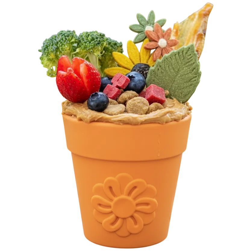 Green, orange, or blue Flower Pot eCup treat dispenser that floats, SodaPup, sold through Sniff and Shift