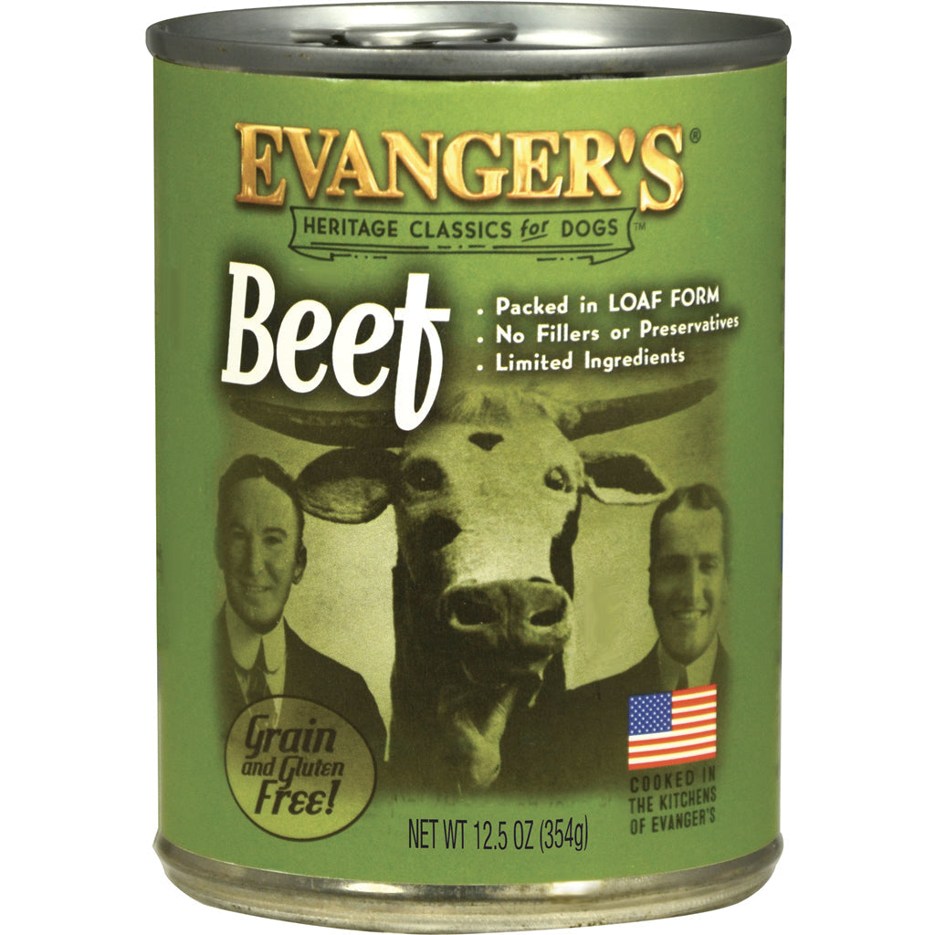 12.5 ounce can of Evanger's Classic 100% Beef wet dog food
