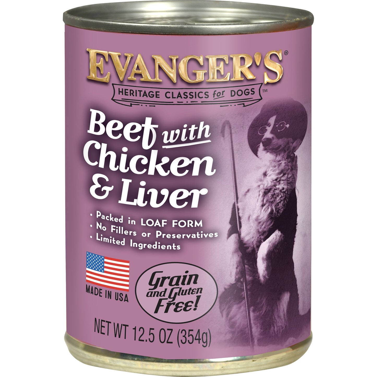 12.5 ounce can of Evanger's Beef, Chicken & Liver wet dog food