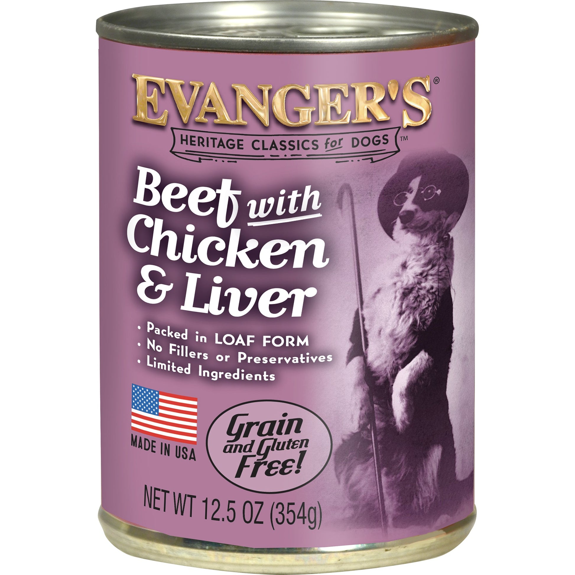 12.5 ounce can of Evanger's Beef, Chicken & Liver wet dog food
