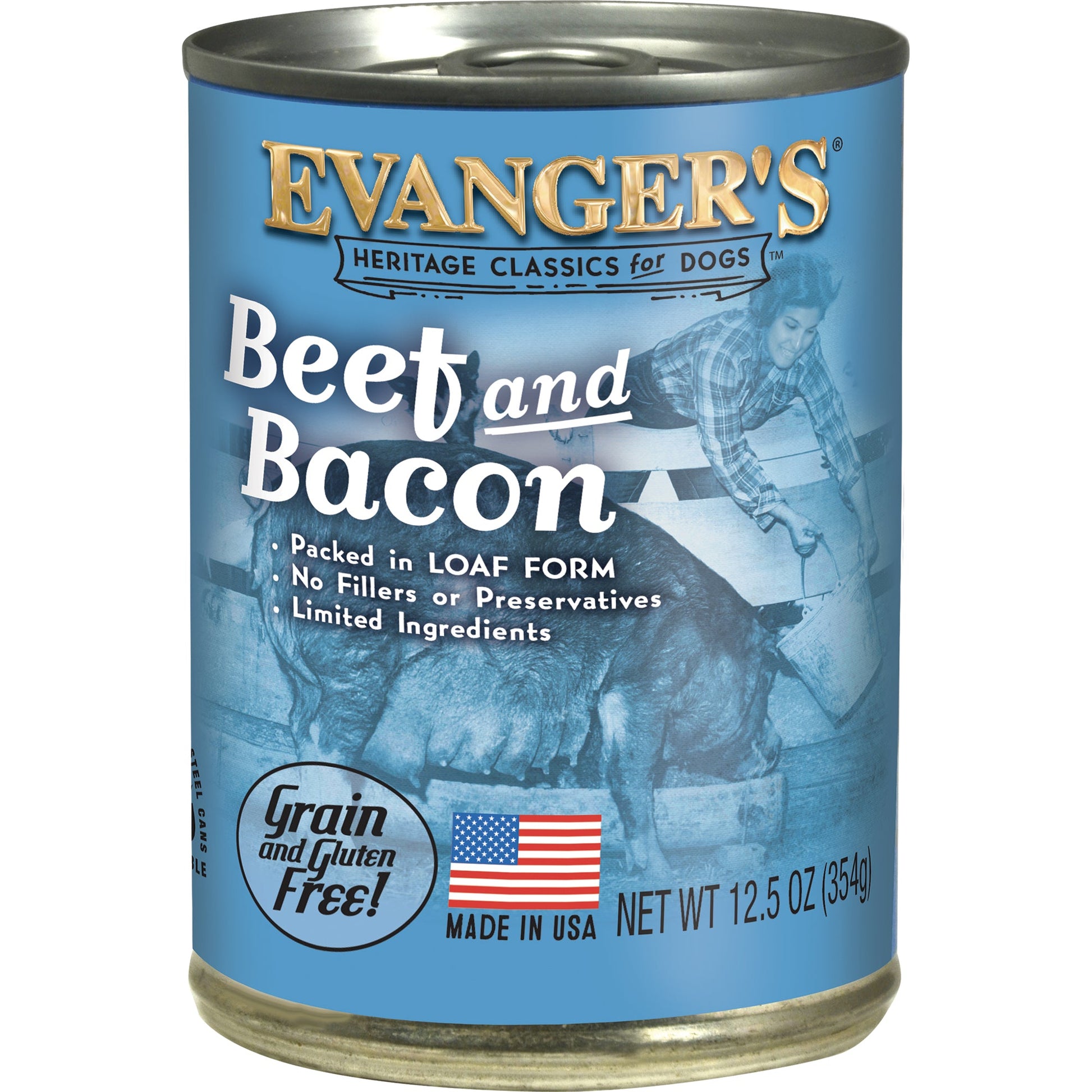 12.5 ounce can of Evanger's Beef & Bacon wet dog food