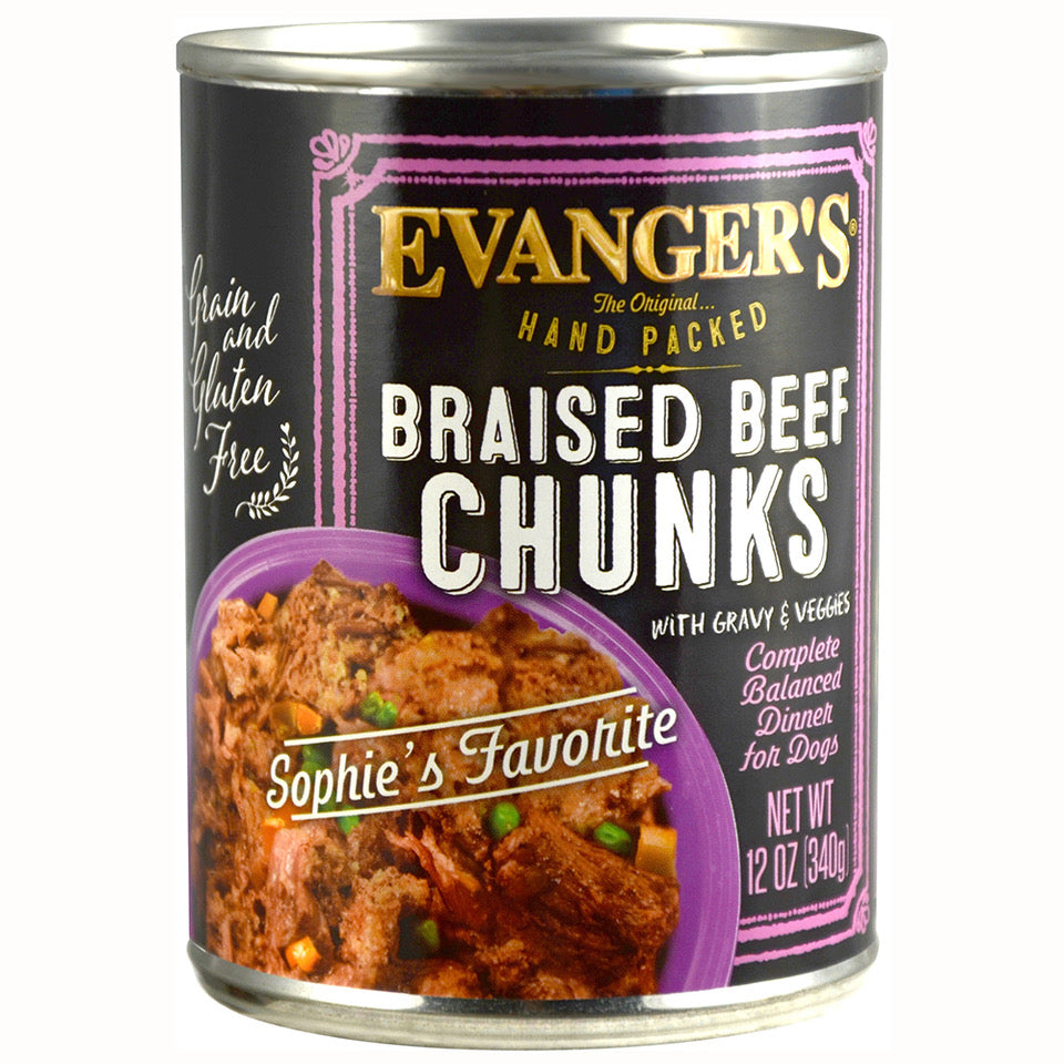12 ounce can of Evanger's Braised Beef with Gravy wet dog food