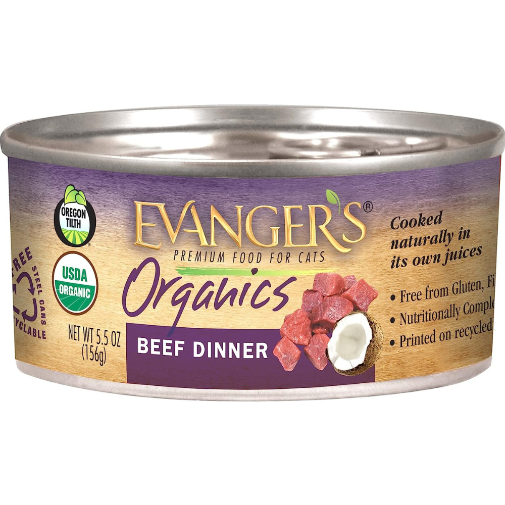 Evanger's Organics Beef Dinner cat food can, 5.5oz
