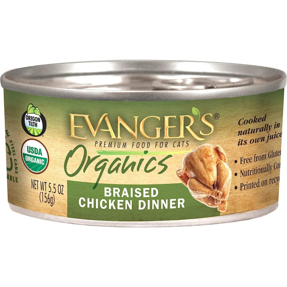 Evanger's Organics Braised Chicken Dinner cat food can, 5.5oz