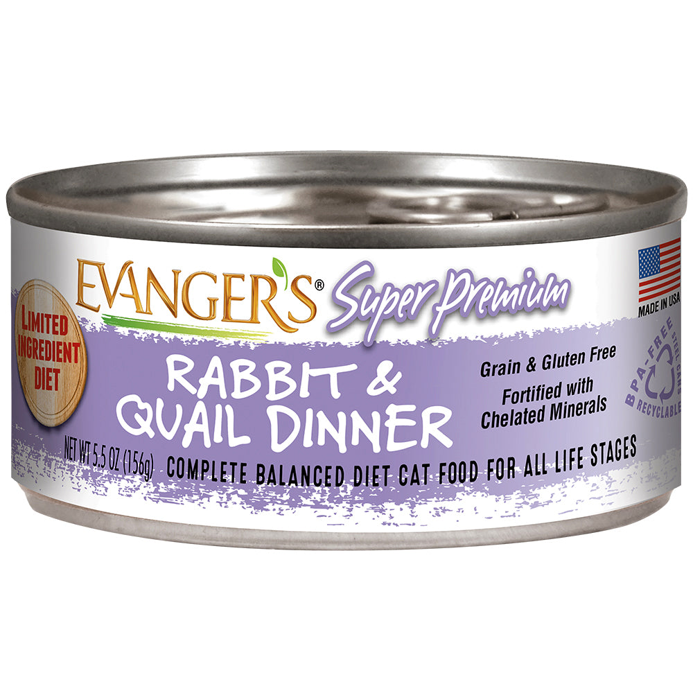 Evanger's Super Premium Rabbit & Quail Dinner cat food can, 5.5oz