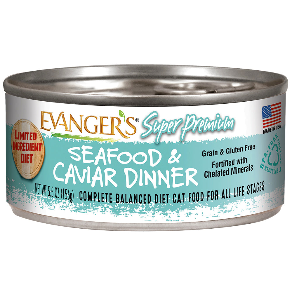 Evanger's Super Premium Seafood & Caviar Dinner cat food can, 5.5oz