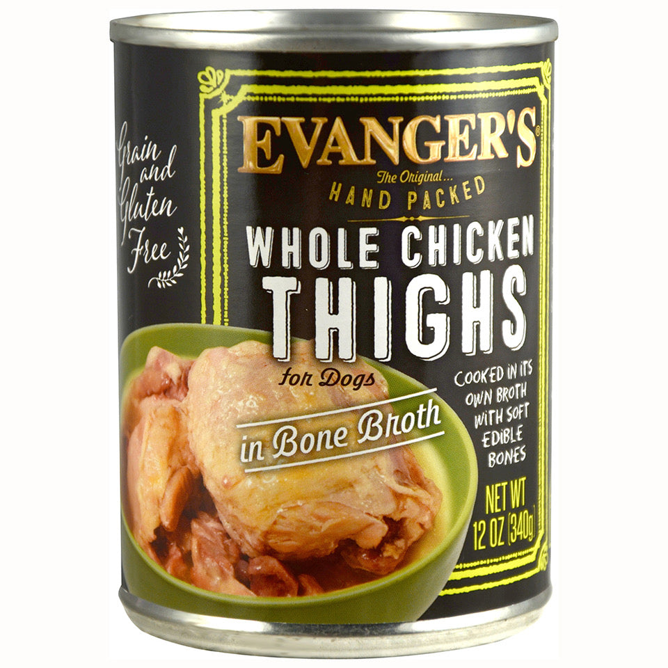 12 ounce can of Evanger's Whole Chicken Thighs wet dog food