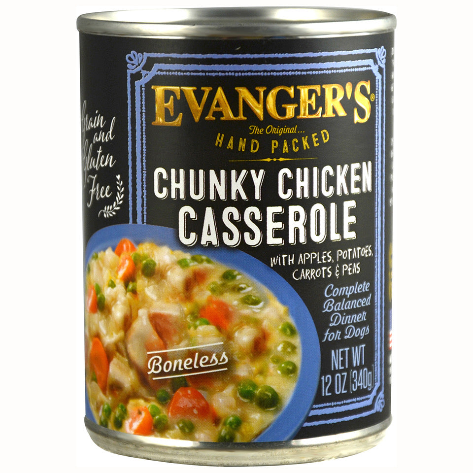 12 ounce can of Evanger's Chunky Chicken Casserole wet dog food