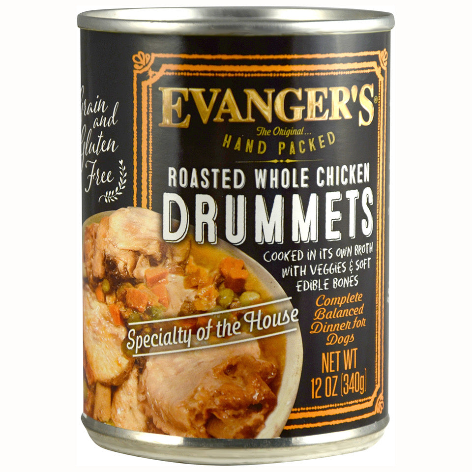 12 ounce can of Evanger's Roasted Chicken Drummet Dinner wet dog food