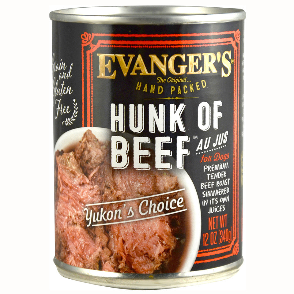 12 ounce can of Evanger's Hunk of Beef wet dog food