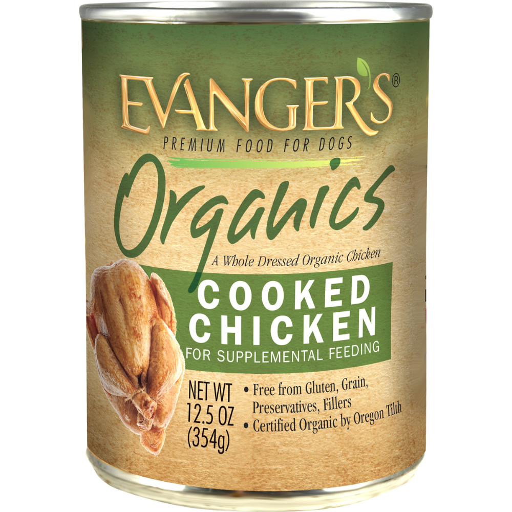 12.5 ounce can of Evanger's Organics Cooked Chicken wet dog food